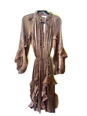 🆕323~Viva Bella Metallic Coffee Ruffle-Trim Midi Dress, Sm